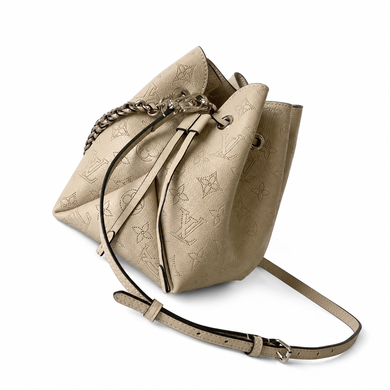 Louis Vuitton Mahina Mini Bucket — Crème Ivoire Perforated, Silver Chain, Drawstring & Round Coin Purse Set