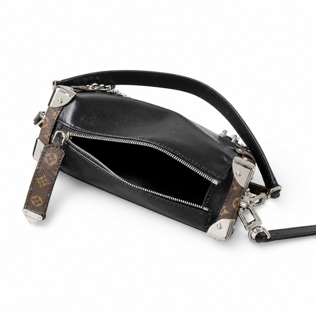 Louis Vuitton Side Trunk MM — Noir Calfskin, Monogram Canvas Frame, Silver V-Lock, Chunky Chain & Dual Closure