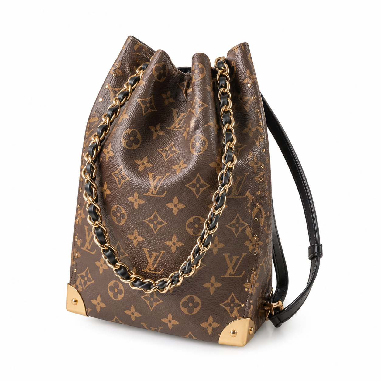 Louis Vuitton Noé BB — Monogram Canvas, Black Leather Trim, Leather-Woven Chain Handle & Black Interior