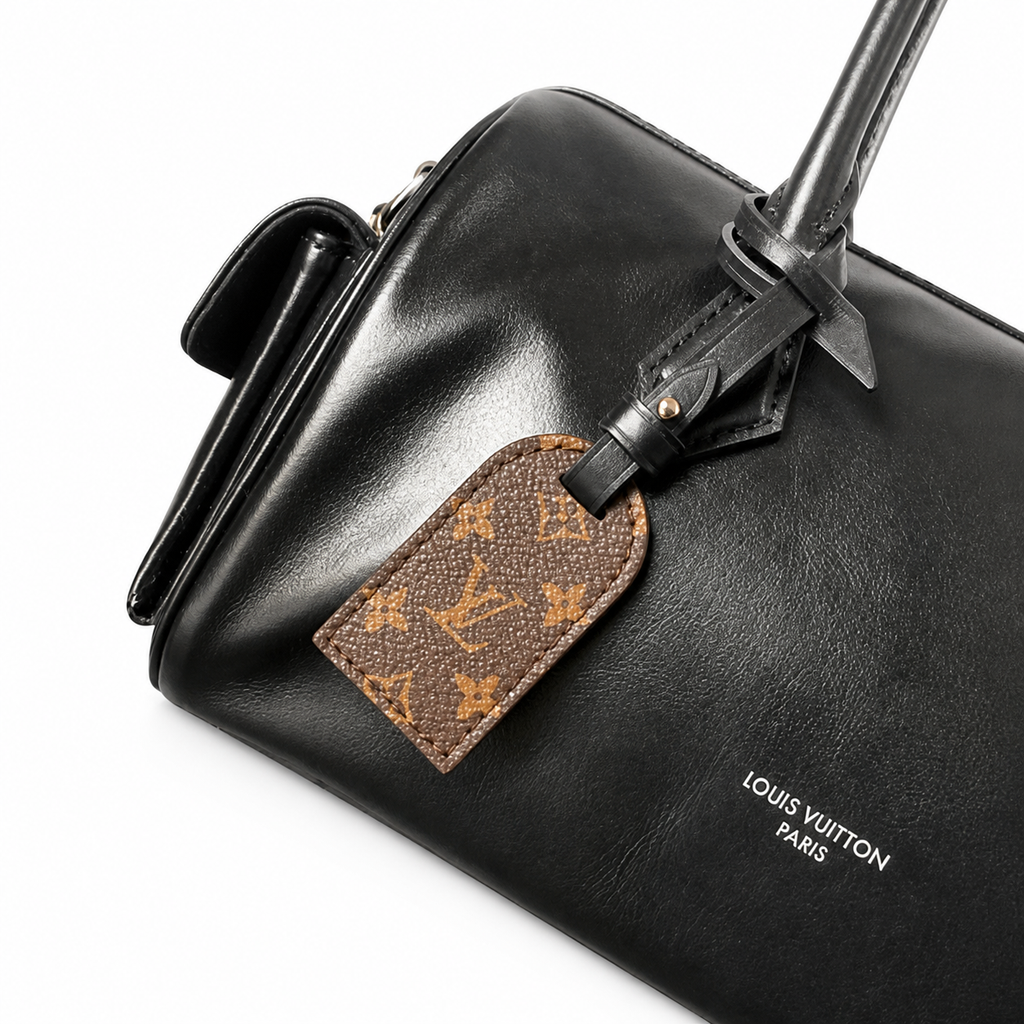 Louis Vuitton Mini Boston — Noir Black Smooth Calfskin, Monogram Canvas Strap, LV Paris Inscription & Luggage Tag