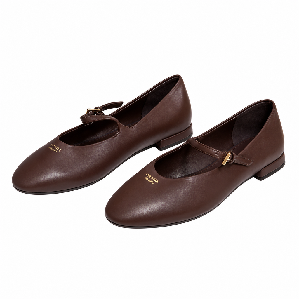 Prada Brown Buckled Mary Jane Ballet Flats