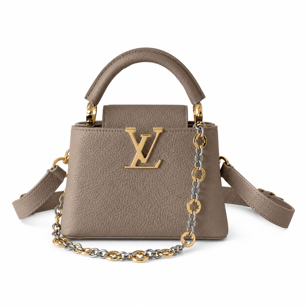 Louis Vuitton Capucines BB — Taurillon Leather in Tourterelle with Gold LV Clasp & Chain