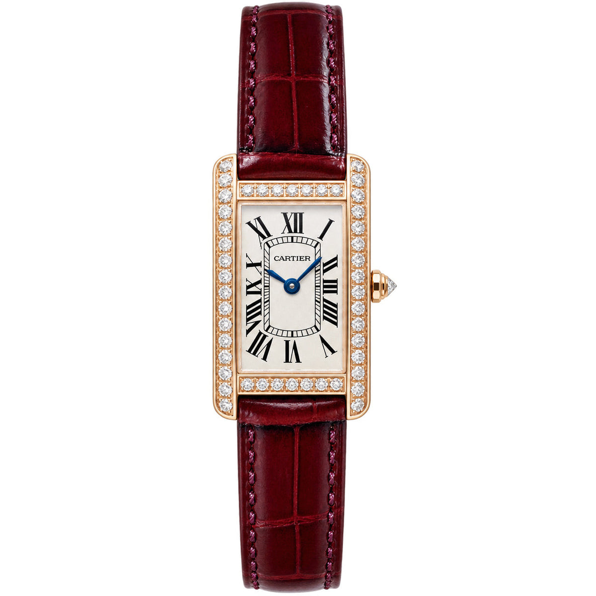 Cartier Tank Américaine rose gold diamond bezel ladies watch with burgundy alligator leather strap