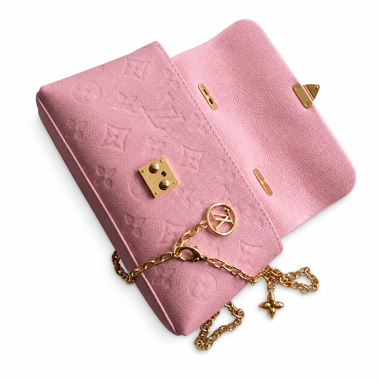 Louis Vuitton Dauphine Mini — Monogram Empreinte Leather in Rose Bonbon with Gold Chain & LV Charm