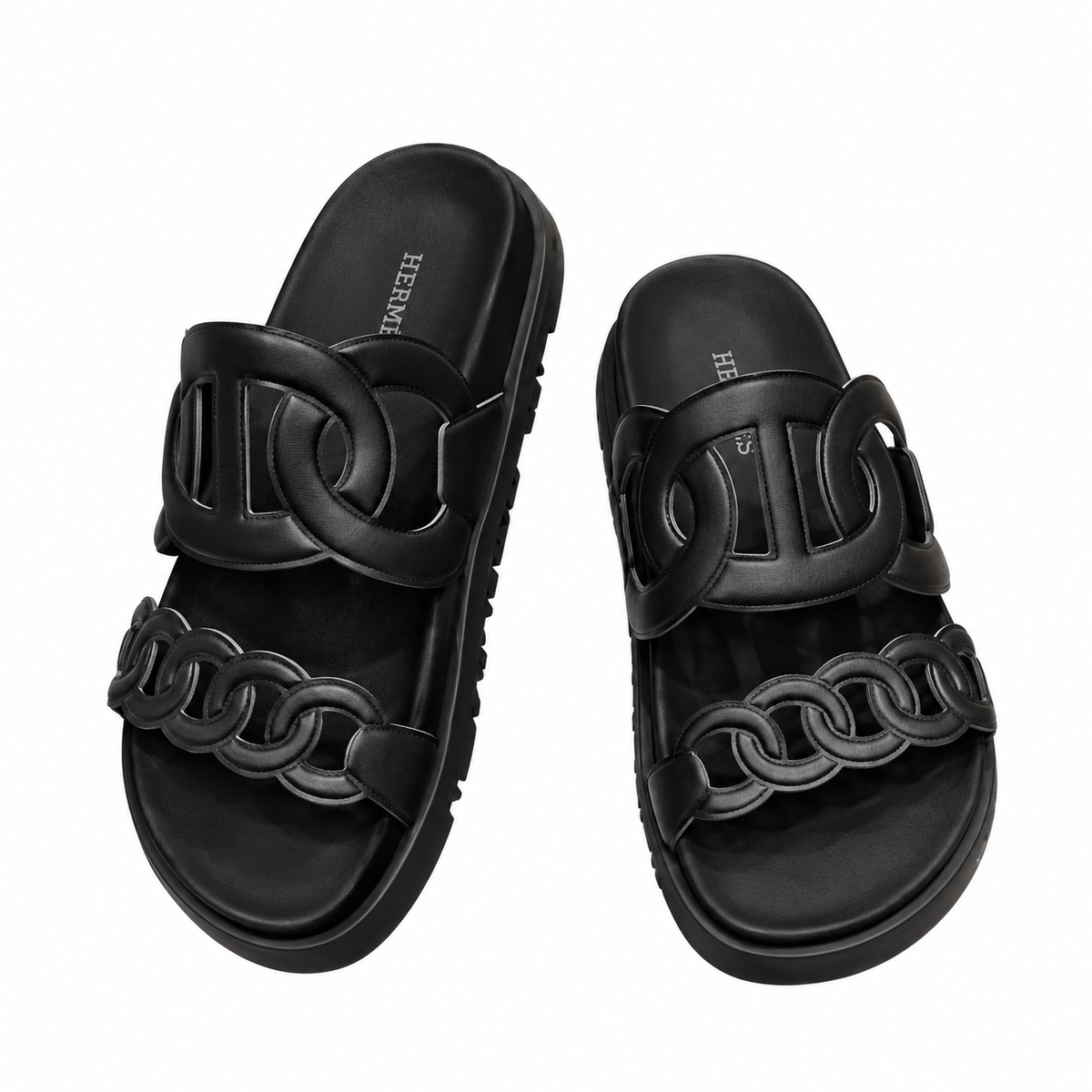 Hermès Black Chain-Link Open Toe Slide Sandals