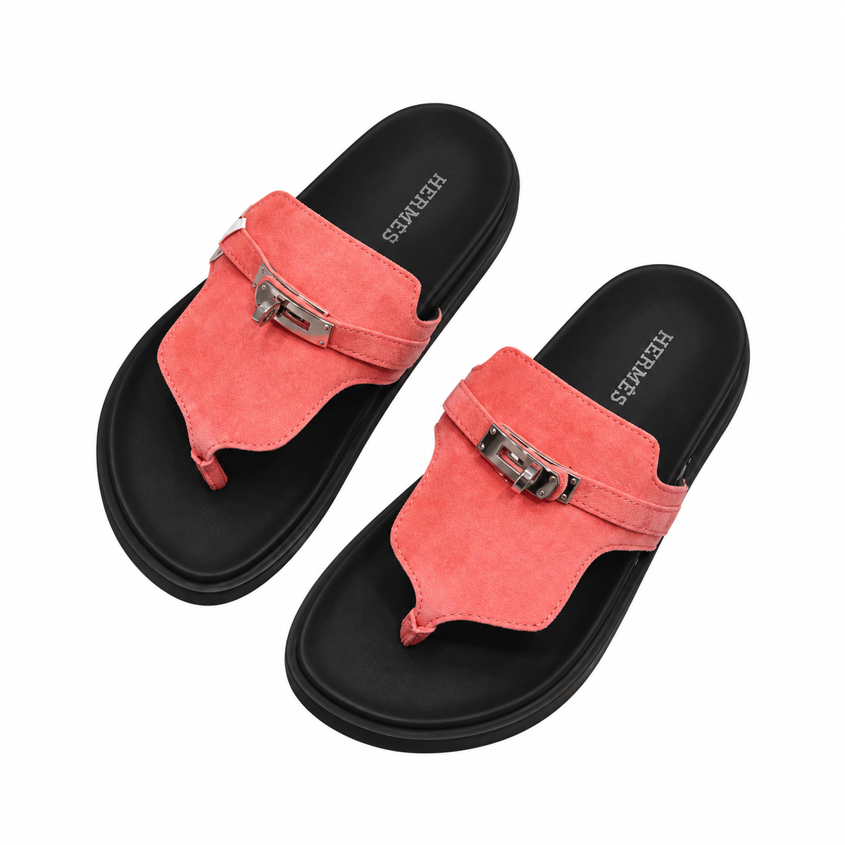 Hermès Coral Thong Sandals with Silver Buckle