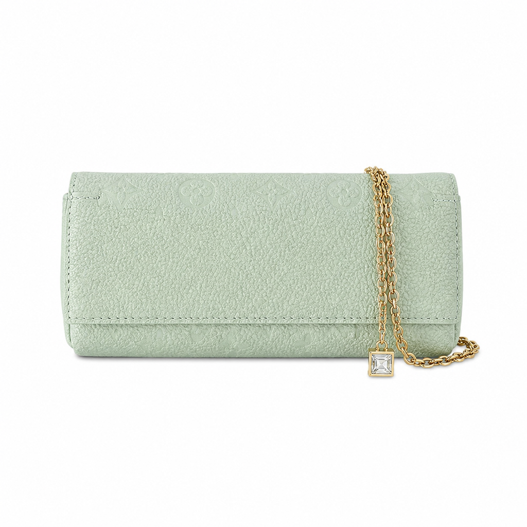 Louis Vuitton Mini Flap — Vert Sauge Empreinte, Gold Chunky Chain, Enamel Trunk Charm & Crystal Pendant