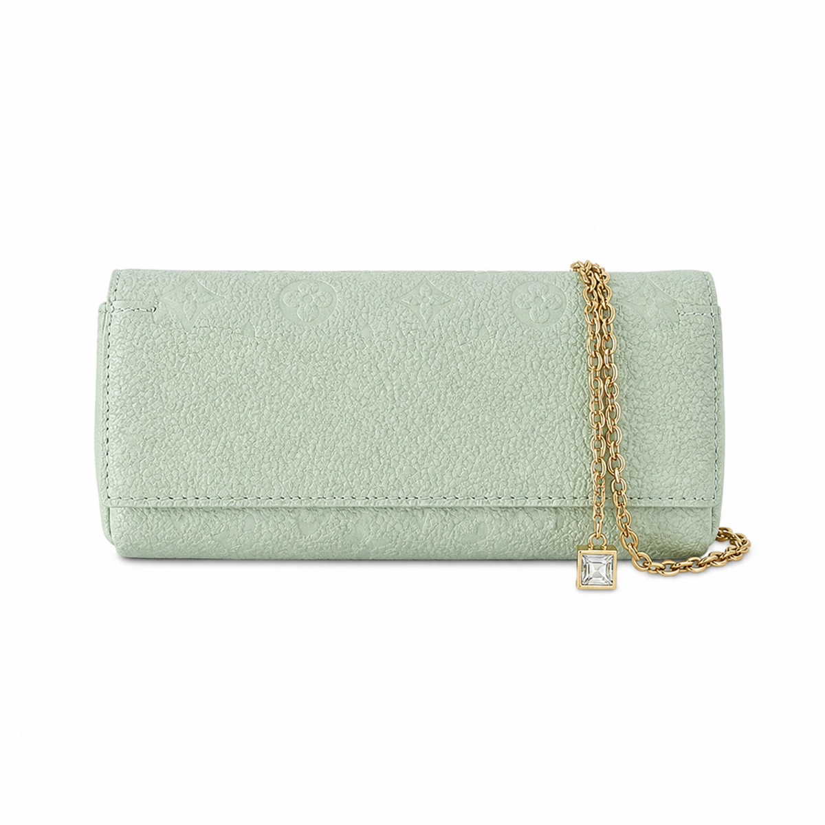 Louis Vuitton Mini Flap — Vert Sauge Empreinte, Gold Chunky Chain, Enamel Trunk Charm & Crystal Pendant