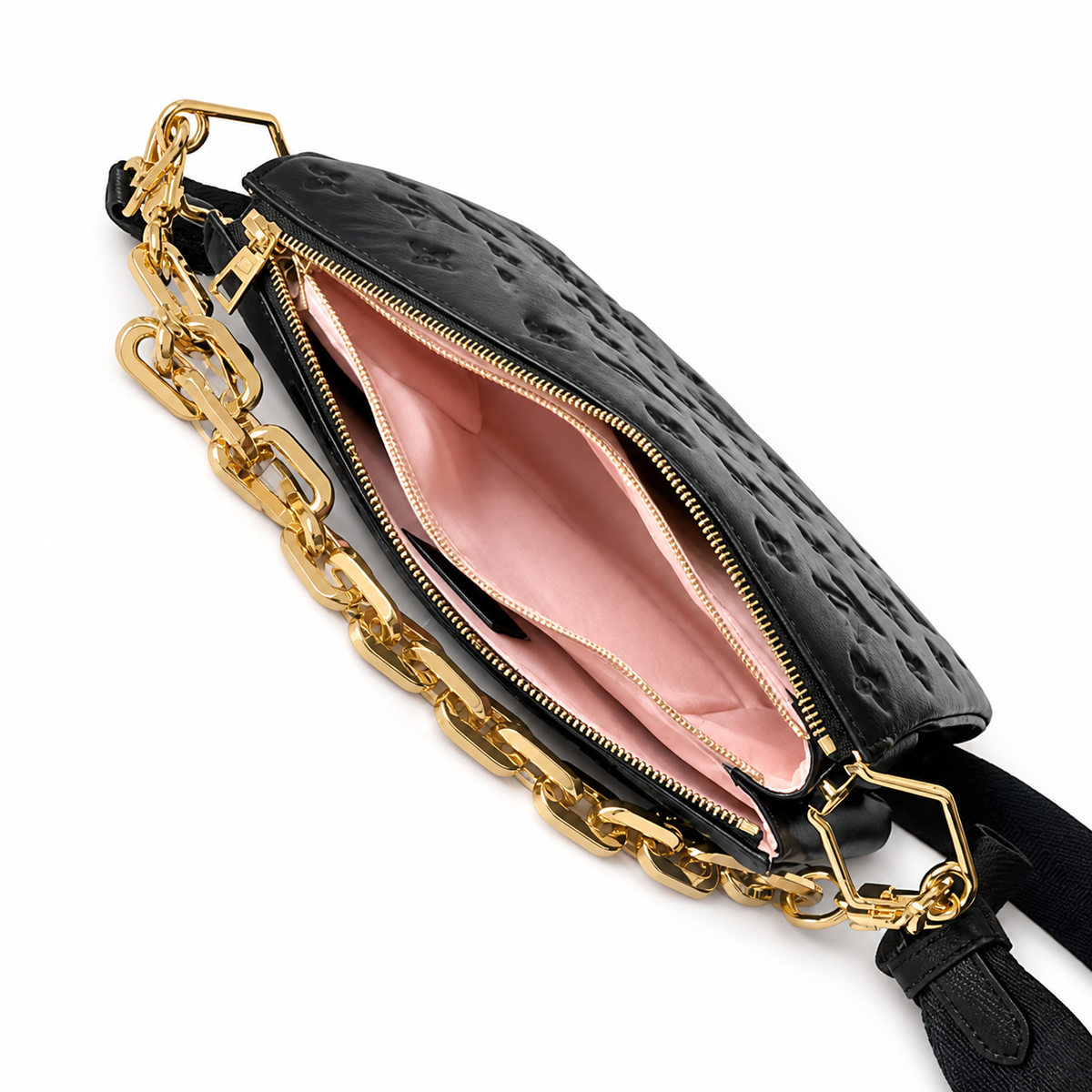Louis Vuitton Coussin — Black Empreinte Lambskin, 3D Monogram, Fabric Strap & Gold Chain Connector