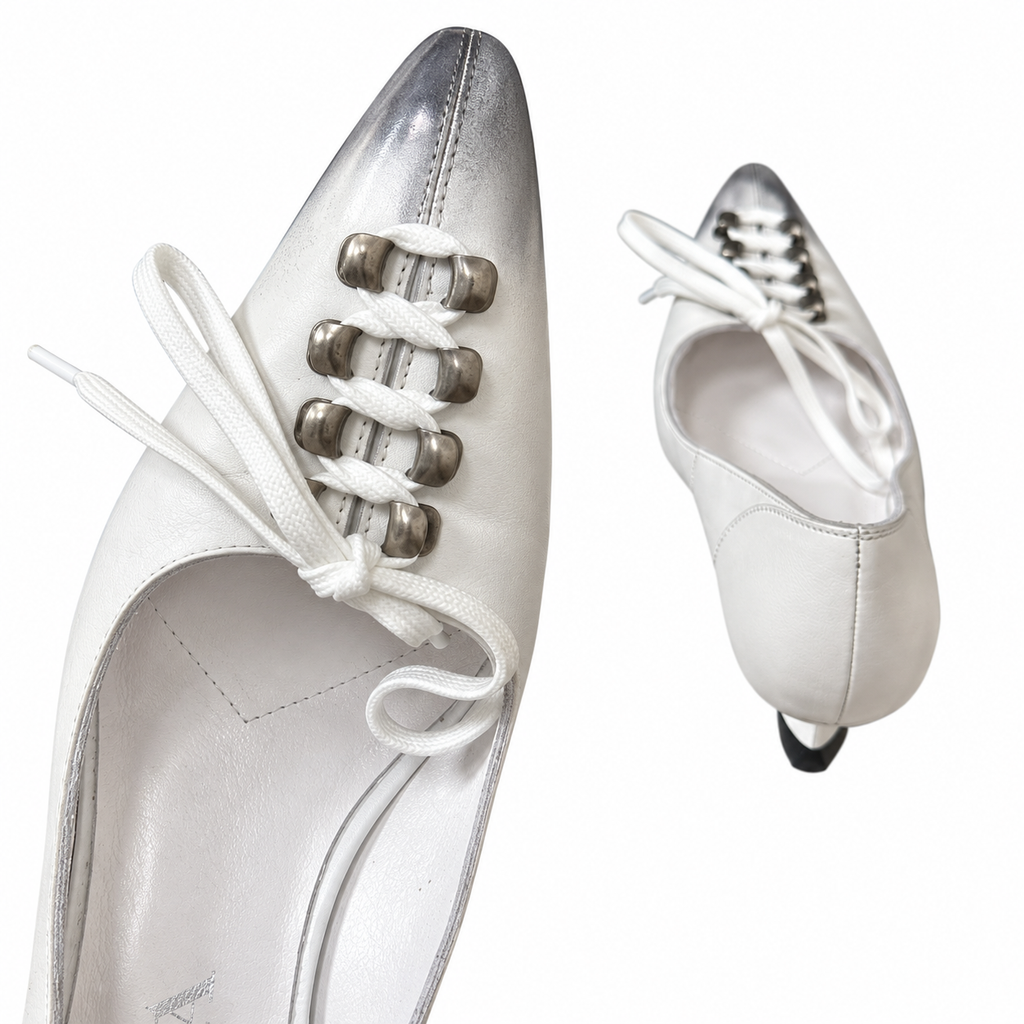 Prada White Silver-Tone Toe Lace-Up Pumps