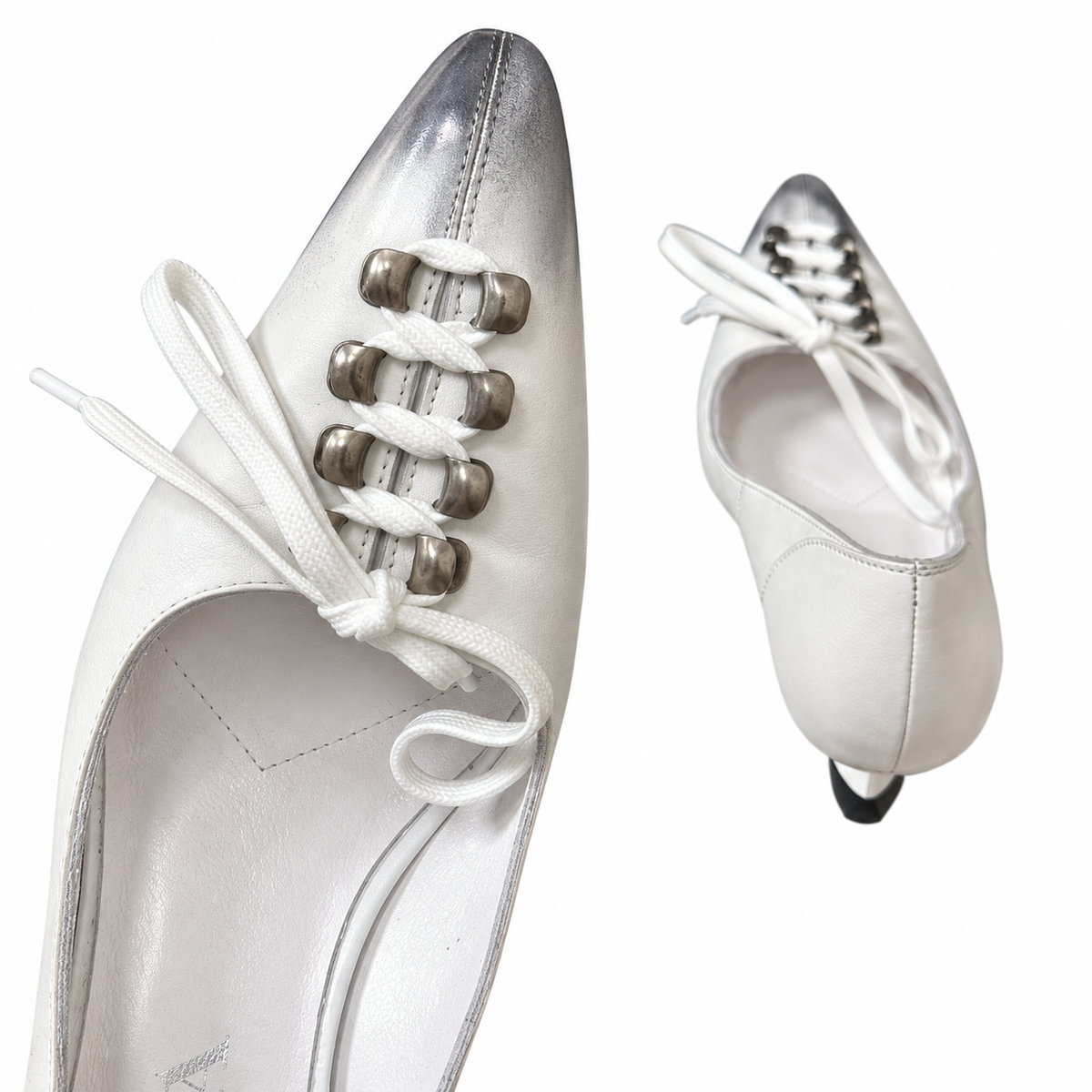 Prada White Silver-Tone Toe Lace-Up Pumps