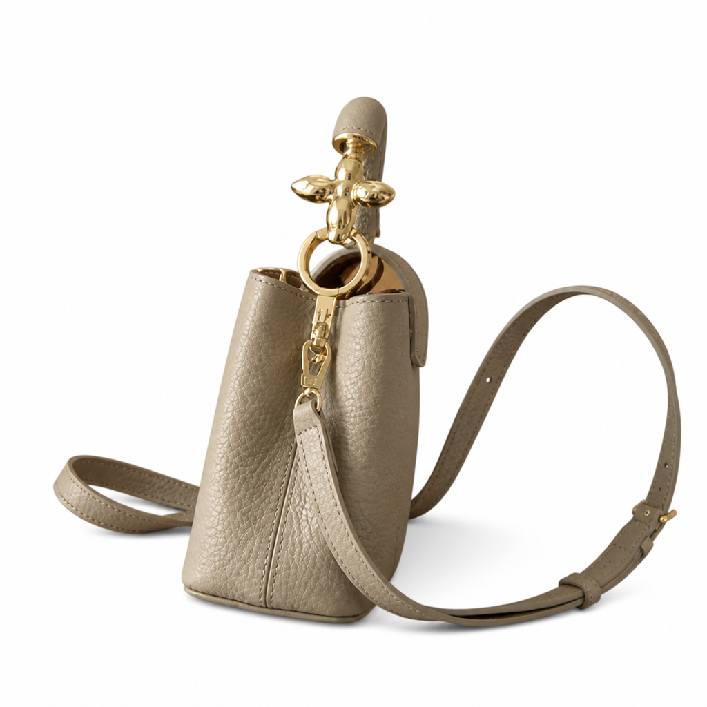 Louis Vuitton Capucines Mini — Taurillon Leather in Tourterelle with Gold Chain Handle & Flower Lock
