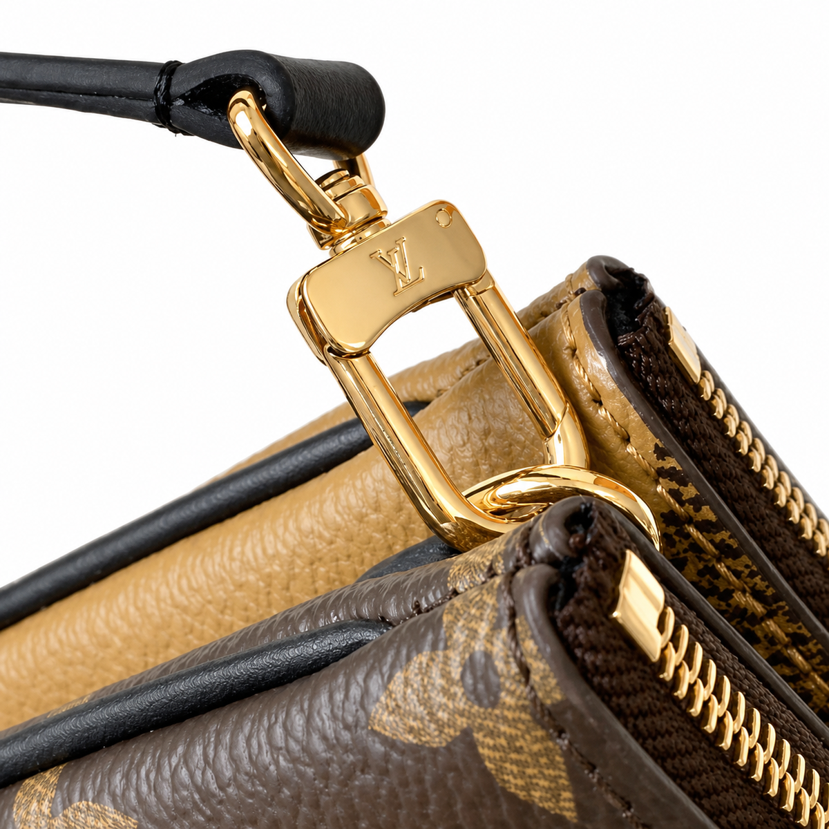 Louis Vuitton Double Zip Pochette — Monogram & Reverse Canvas, Dual Zips & Black Leather Strap