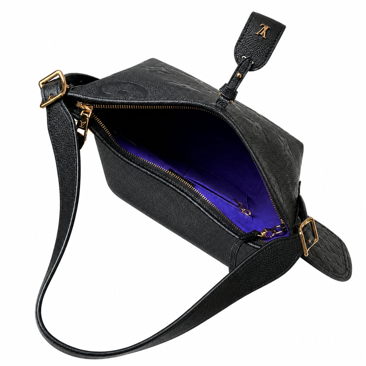 Louis Vuitton Wedge Crossbody — Black Empreinte, LV Zipper Pulls, Gold Dome Studs & Electric Purple Interior