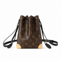Louis Vuitton Nano Noé — Monogram Canvas, All-Over Gold Studs, Wide Black Leather Strap & Corner Guards