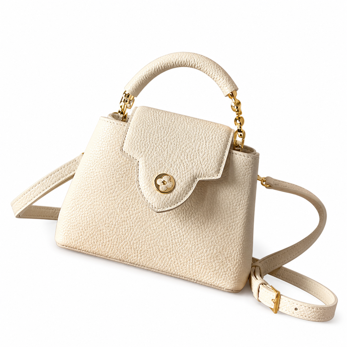Louis Vuitton Capucines Mini — Taurillon Leather in Blanc with Gold Chain Handle & Flower Lock