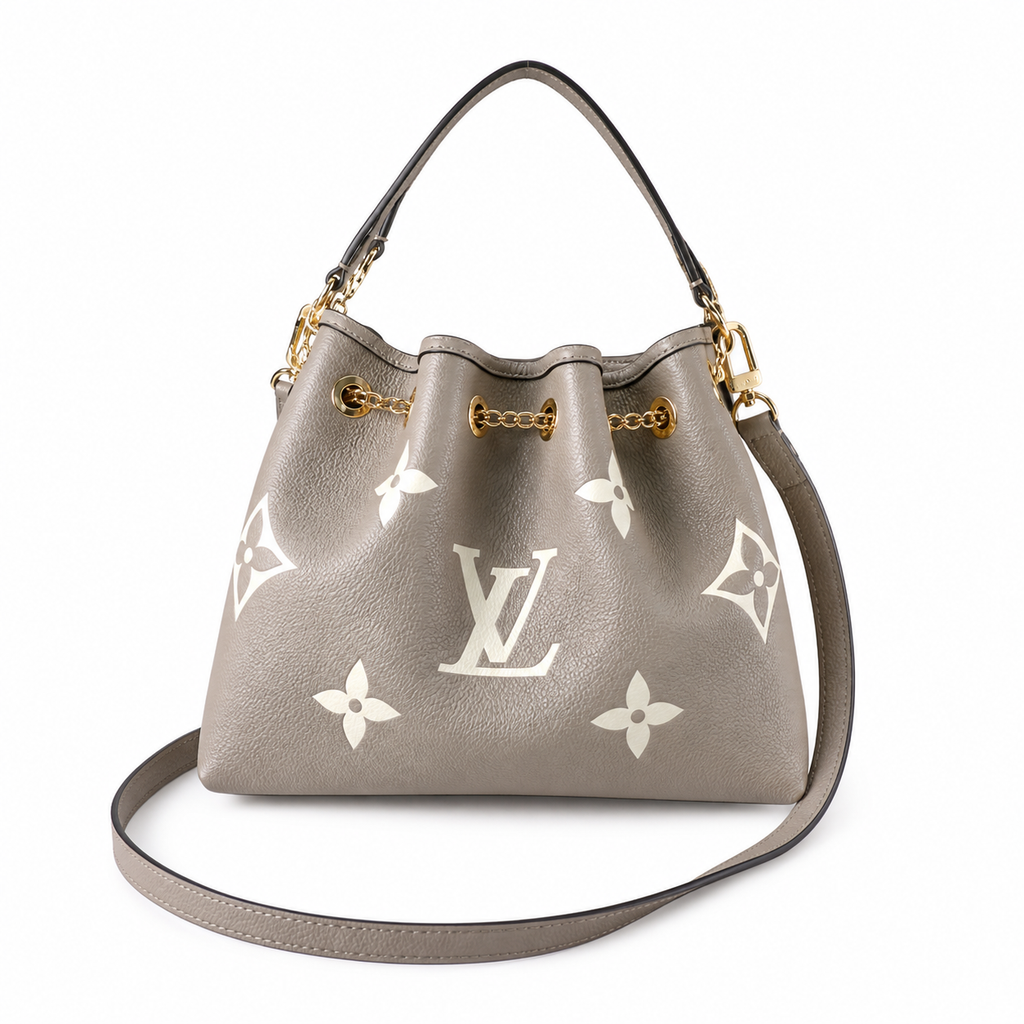 Louis Vuitton NéoNoé MM — Tourterelle Grey Giant Empreinte, Gold Chain & Single Grey Handle