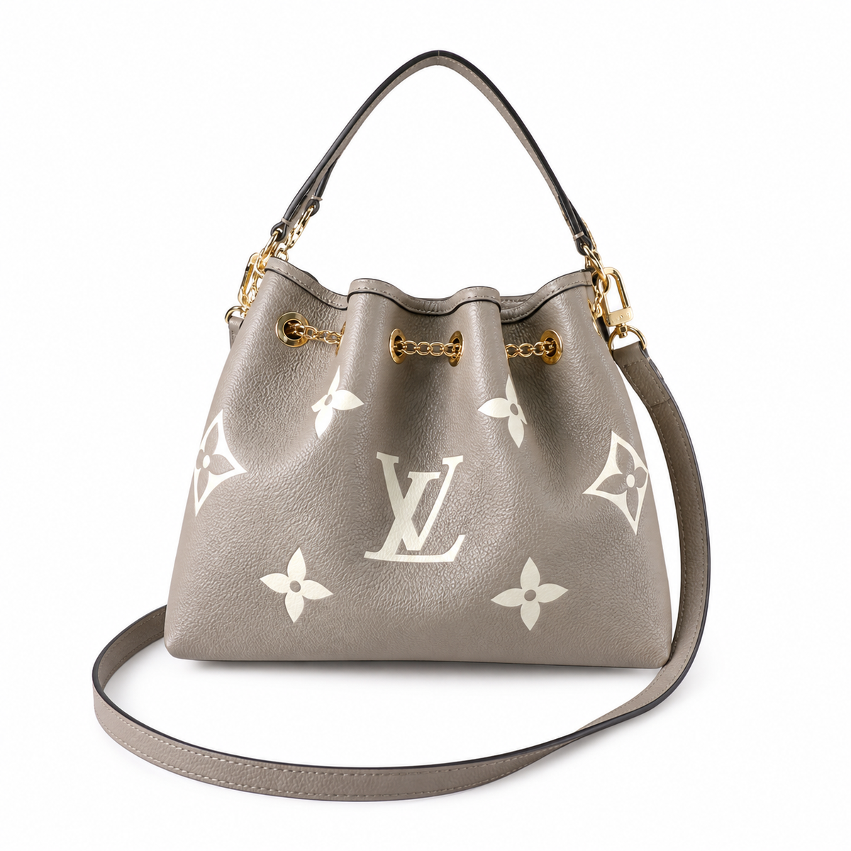 Louis Vuitton NéoNoé MM — Tourterelle Grey Giant Empreinte, Gold Chain & Single Grey Handle