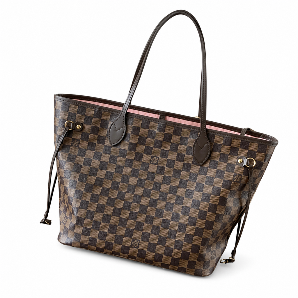 Louis Vuitton Neverfull MM — Damier Ébène, Dark Leather Straps & Side Cinch
