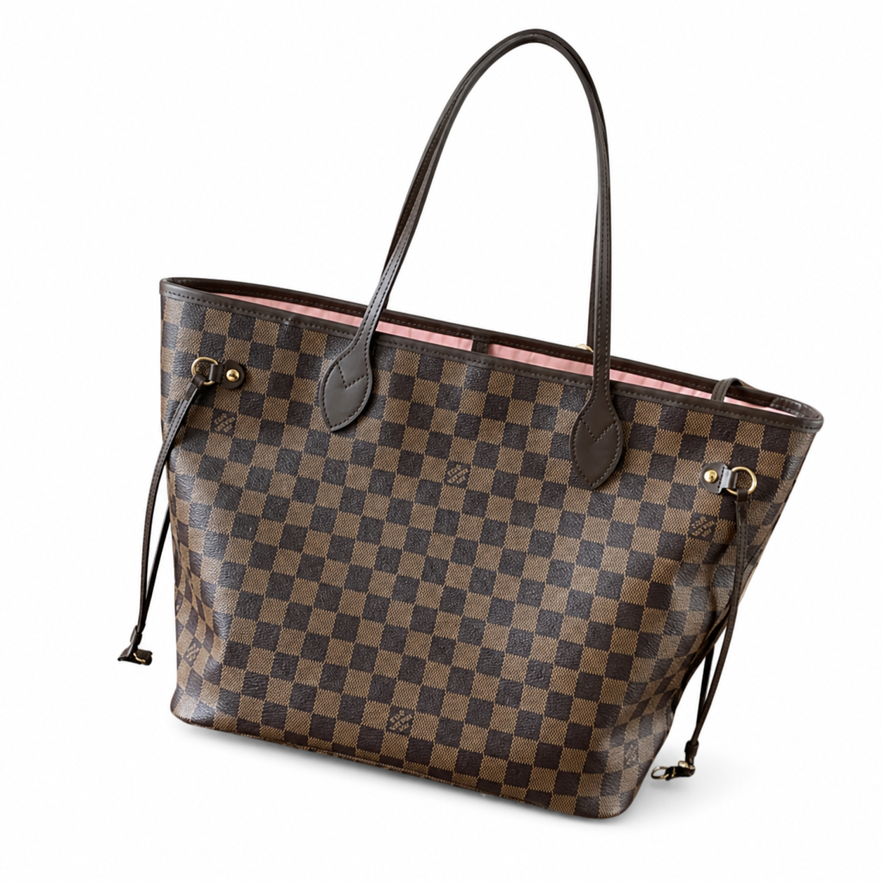 Louis Vuitton Neverfull MM — Damier Ébène, Dark Leather Straps & Side Cinch