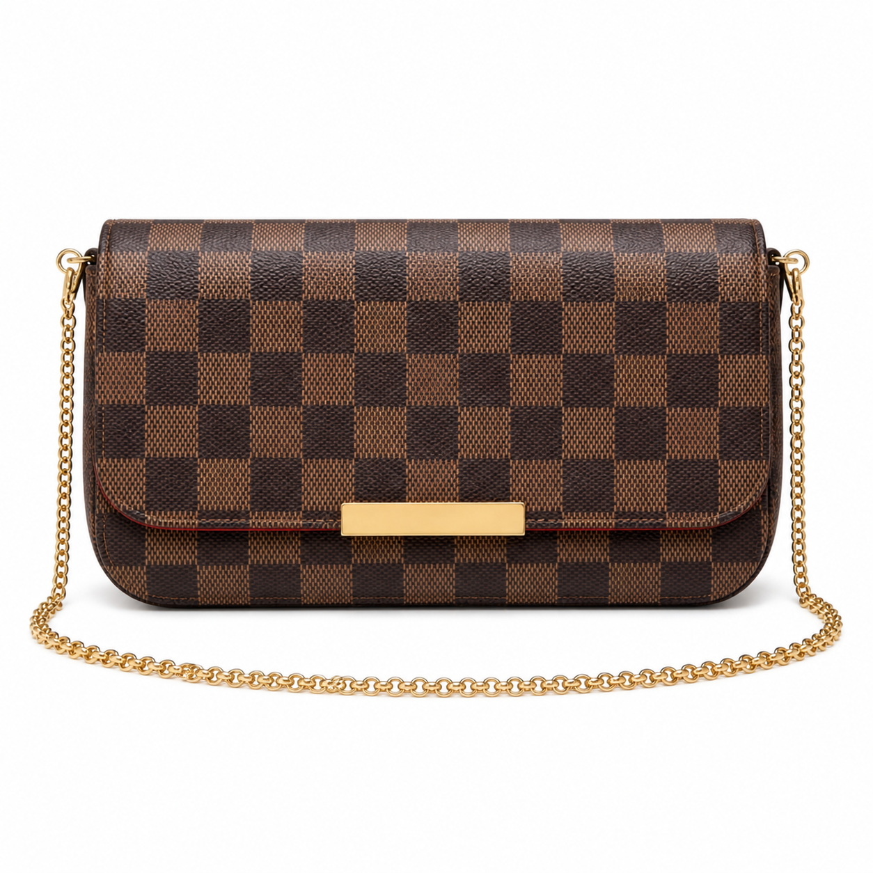 Louis Vuitton Favorite MM — Damier Ebène Canvas, Detachable Gold Chain, Dome Rivets & Zip Closure