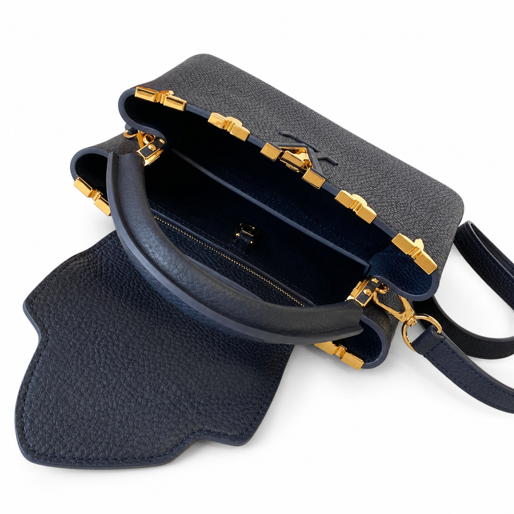Louis Vuitton Capucines BB — Navy Taurillon, Floral Split LV Clasp & Petal Studs