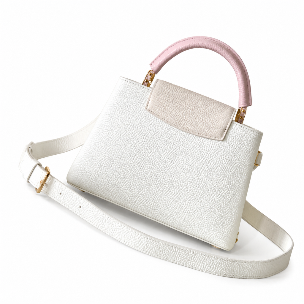 Louis Vuitton Capucines Mini — White Floral Embossed, Blush Pink Handle & Pink-Woven Chain
