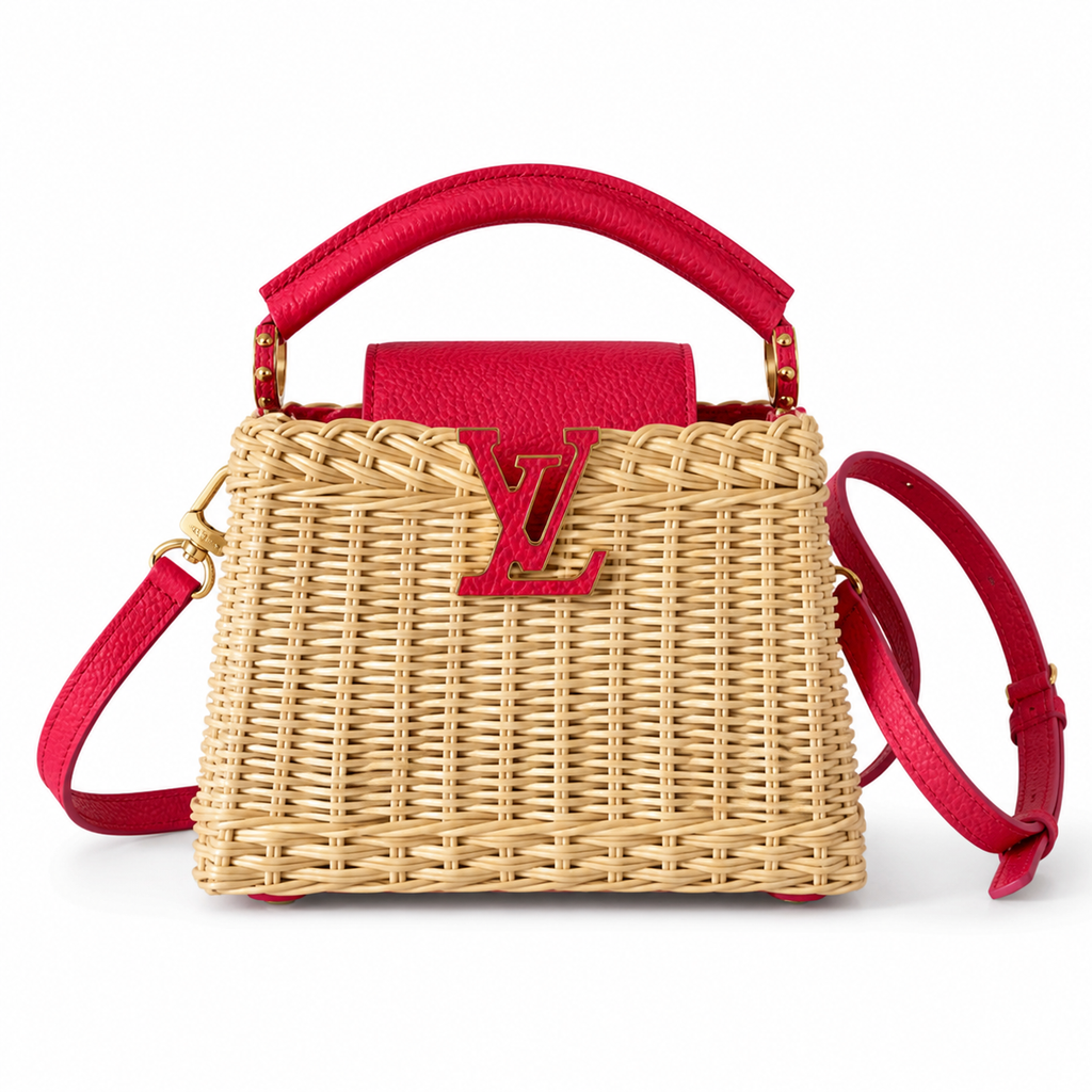 Louis Vuitton Capucines Mini — Hand-Woven Raffia & Raspberry Red