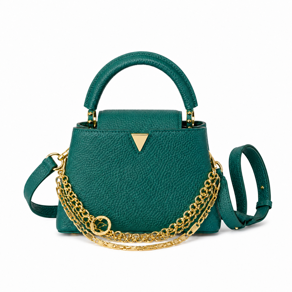Louis Vuitton Capucines Mini — Taurillon Leather in Vert Émeraude with Triple Gold Chain & Flower Charm