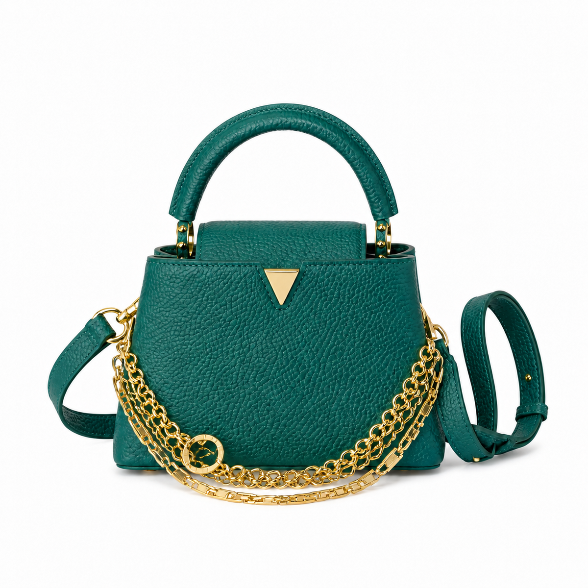Louis Vuitton Capucines Mini — Taurillon Leather in Vert Émeraude with Triple Gold Chain & Flower Charm