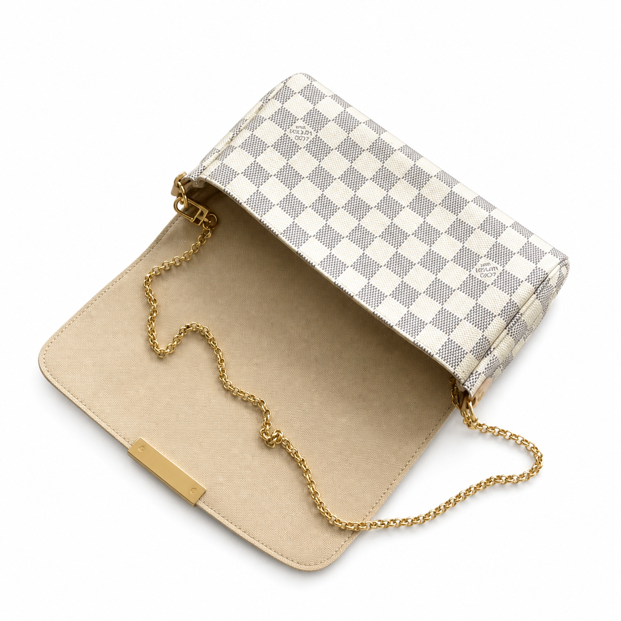 Louis Vuitton Favorite MM — Damier Azur Canvas, Magnetic Flap, Cream Interior & Gold Chain