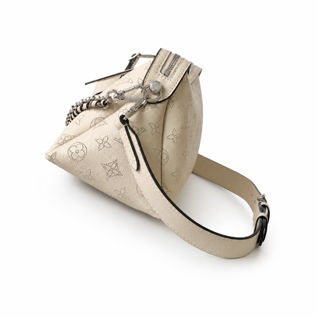 Louis Vuitton Mahina Belt Bag — Crème Ivoire Triangular Cone, Silver Chain & Leather Luggage Tag