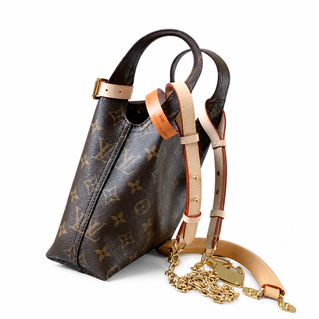 Louis Vuitton Mini Bucket — Monogram Canvas, Red-Trim Vachetta Strap & Gold Chain Base