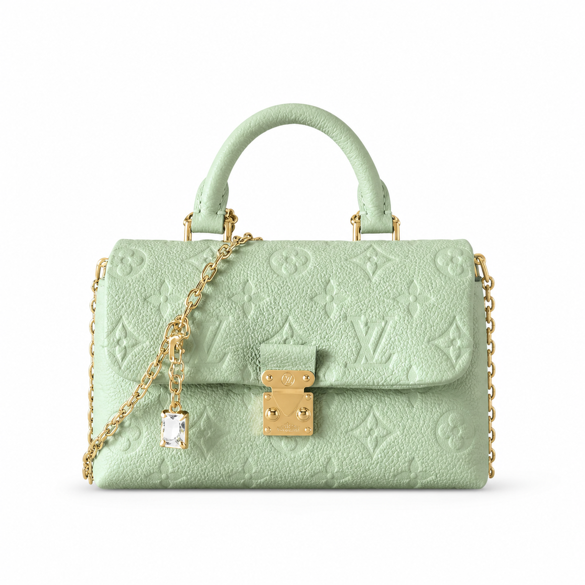 Louis Vuitton Madeleine BB — Monogram Empreinte Leather in Vert d’Eau with Gold Chain & Crystal Charm