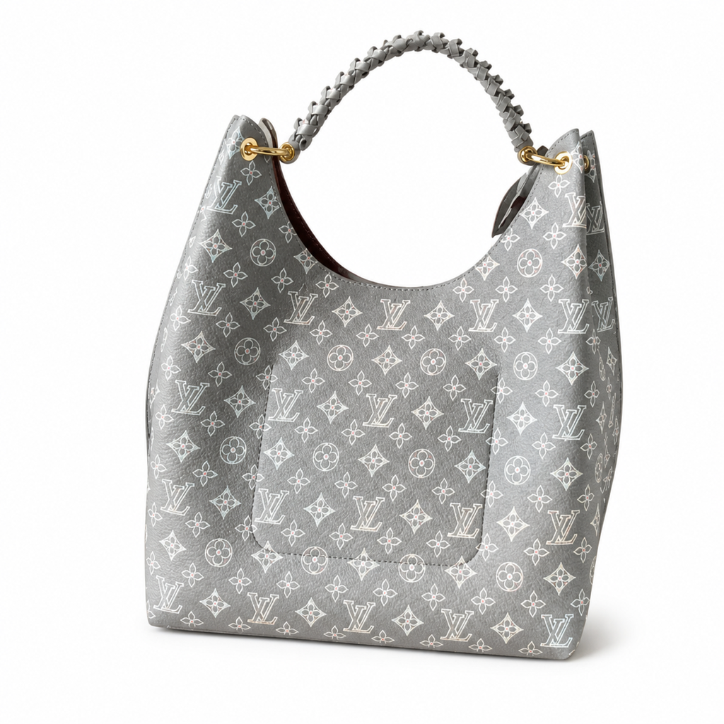 Louis Vuitton Iridescent Hobo — Grey Monogram Canvas, Braided Handle, LV Round Charm & Pink Interior