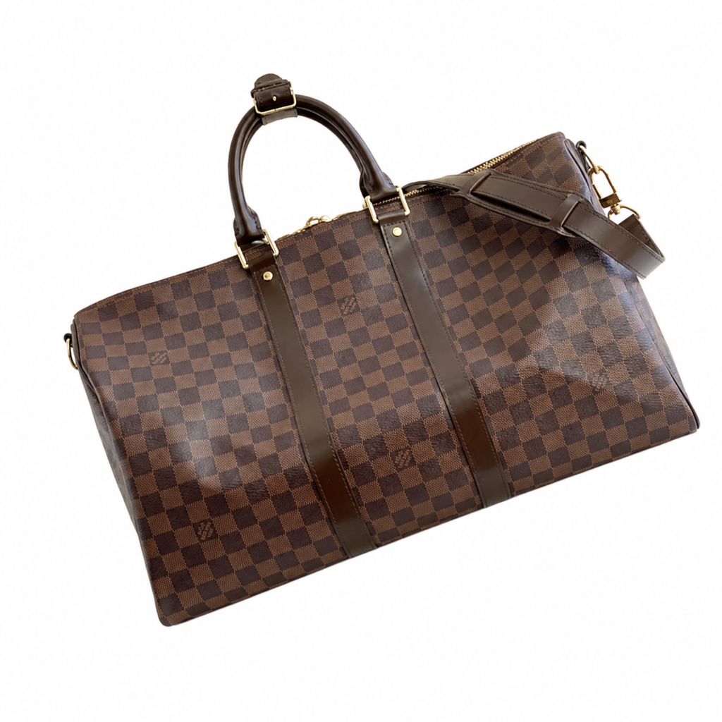 Louis Vuitton Keepall Bandoulière 45 — Damier Ébène, Dark Leather Handles & Gold Padlock