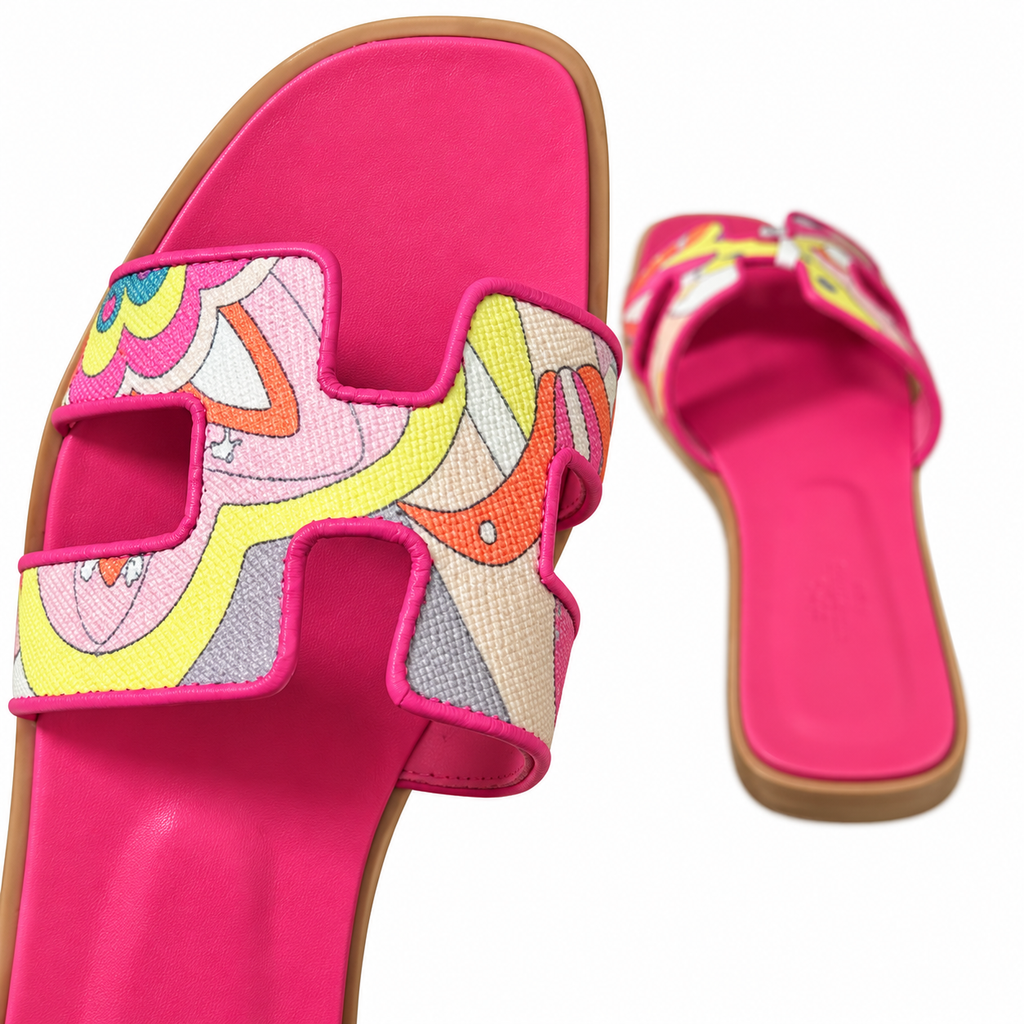 Hermès Fuchsia Printed H-Cutout Slide Sandals