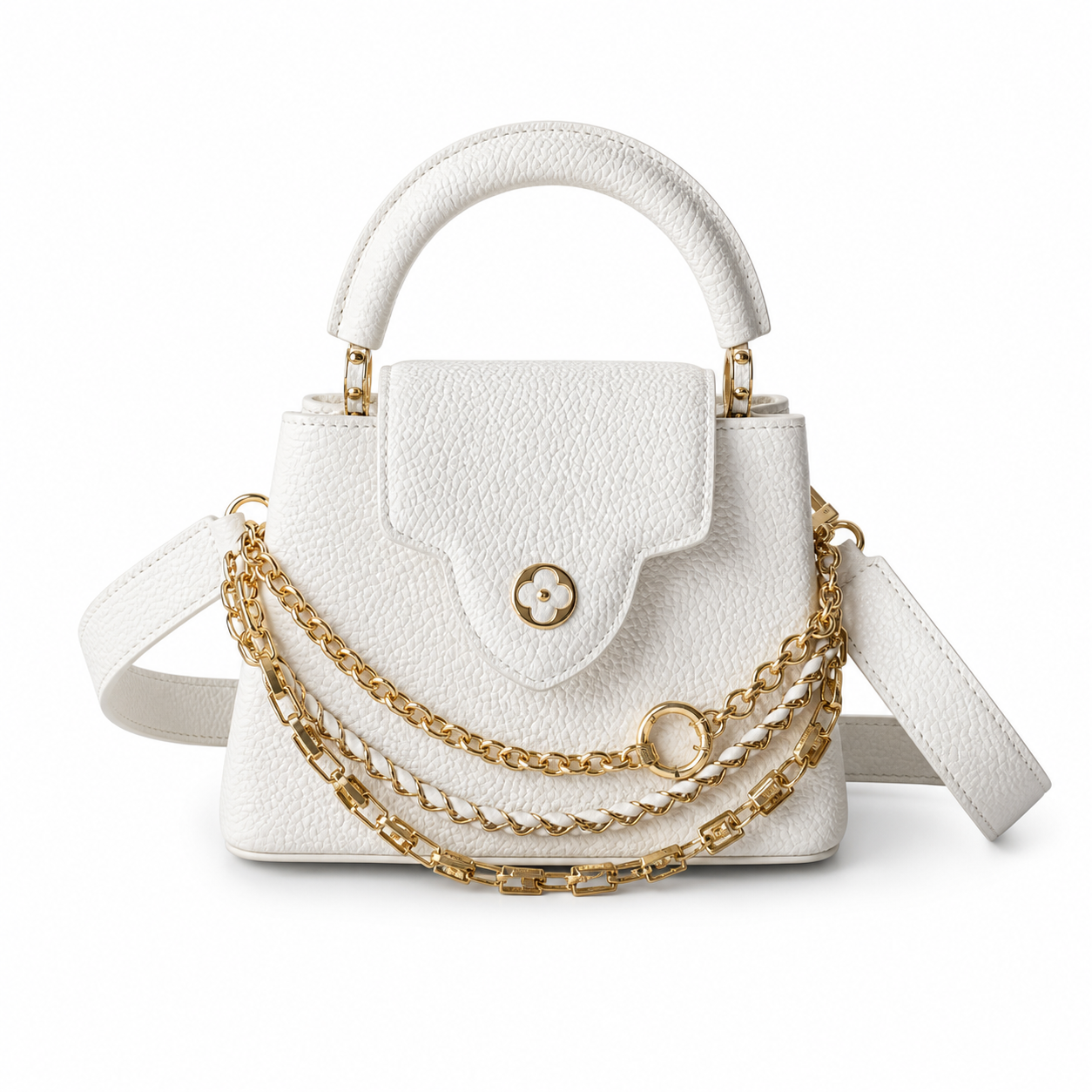 Louis Vuitton Capucines Mini — Taurillon Leather in Blanc with Triple Gold Chain & Flower Charm