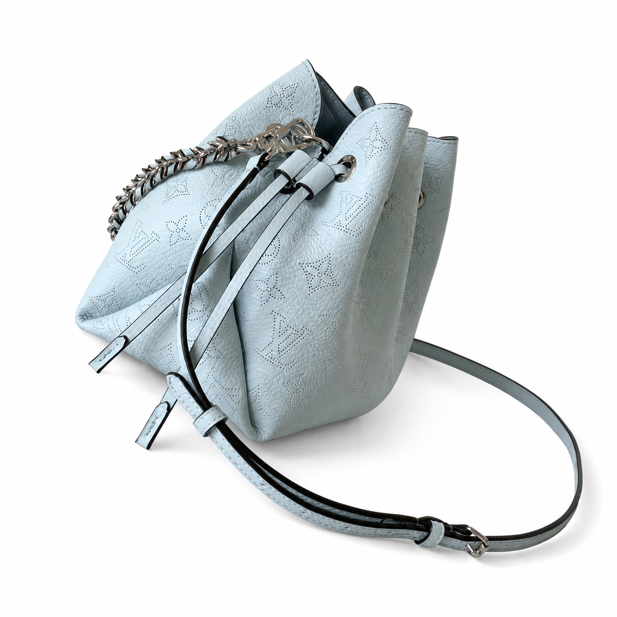 Louis Vuitton Mahina Mini Bucket — Bleu Glacier Perforated, Dual Leather Straps & Silver Ring Hardware