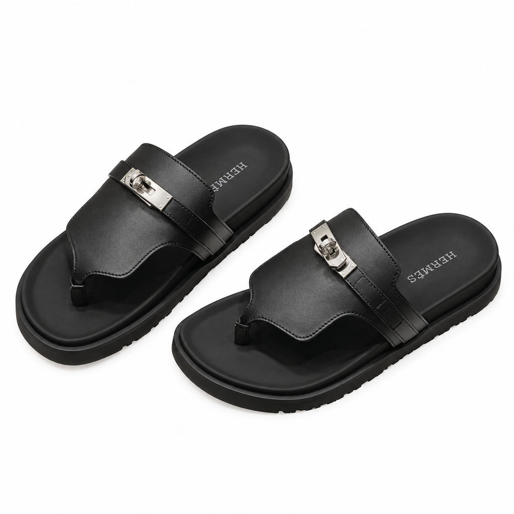 Hermès Black Thong Sandals with Silver Buckle