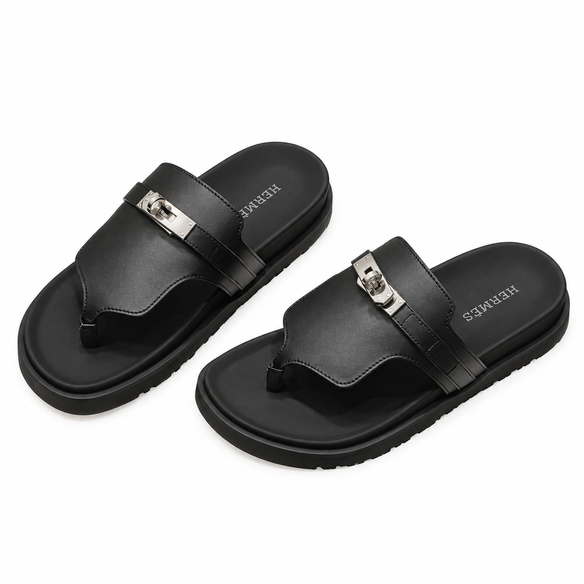 Hermès Black Thong Sandals with Silver Buckle