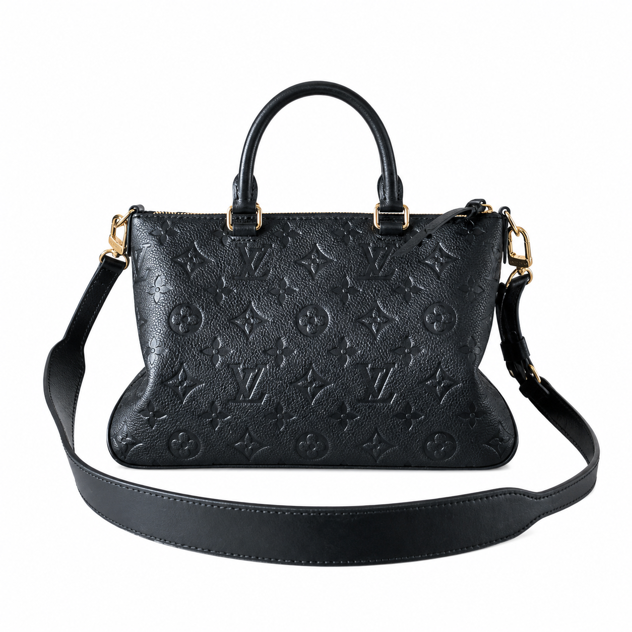 Louis Vuitton Structured Top Handle — Black Empreinte, Double Handles, Gold D-Ring & Carabiner Crossbody Strap