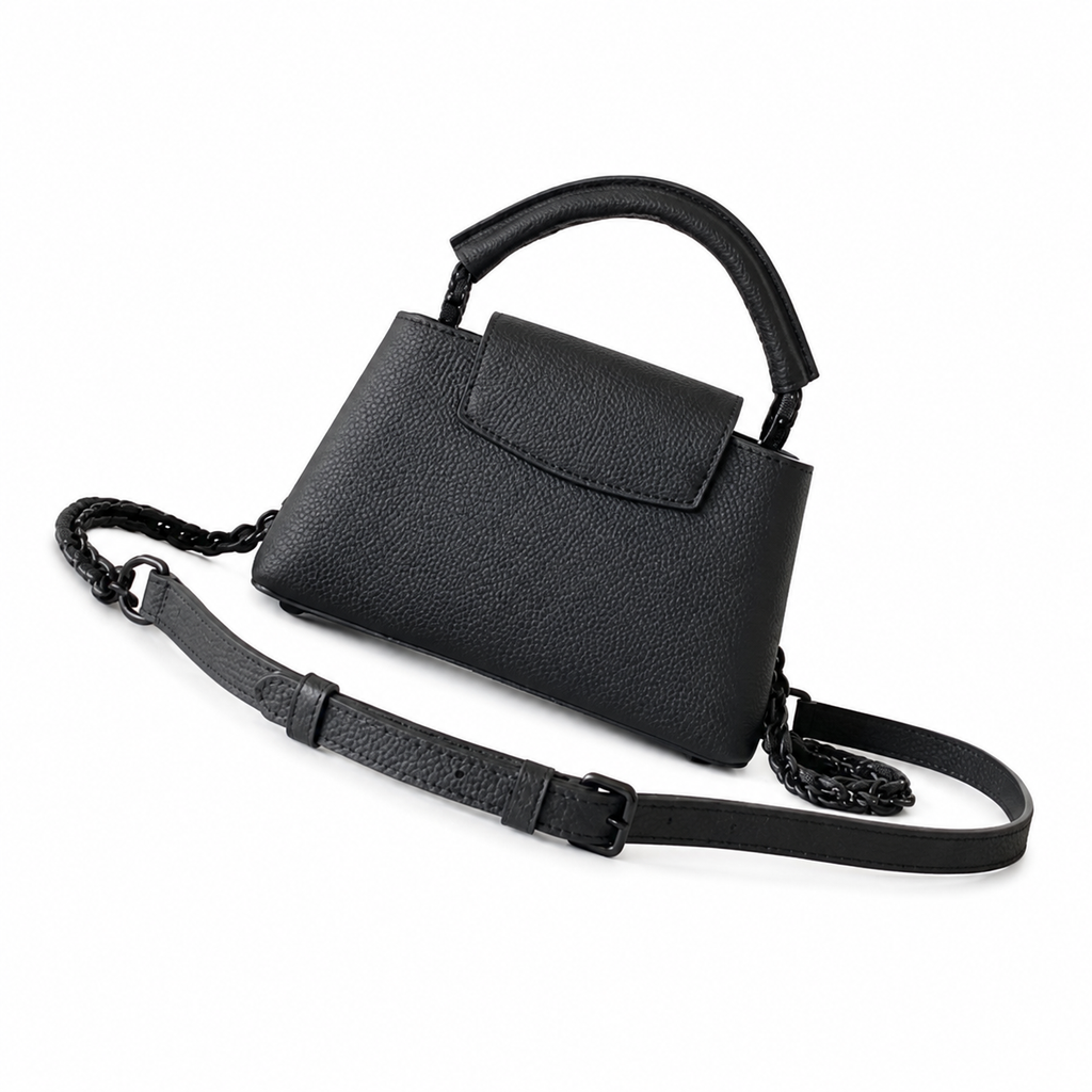 Louis Vuitton Capucines Mini — Noir Taurillon, Matte Black LV Turn-Lock & Black Chain Strap