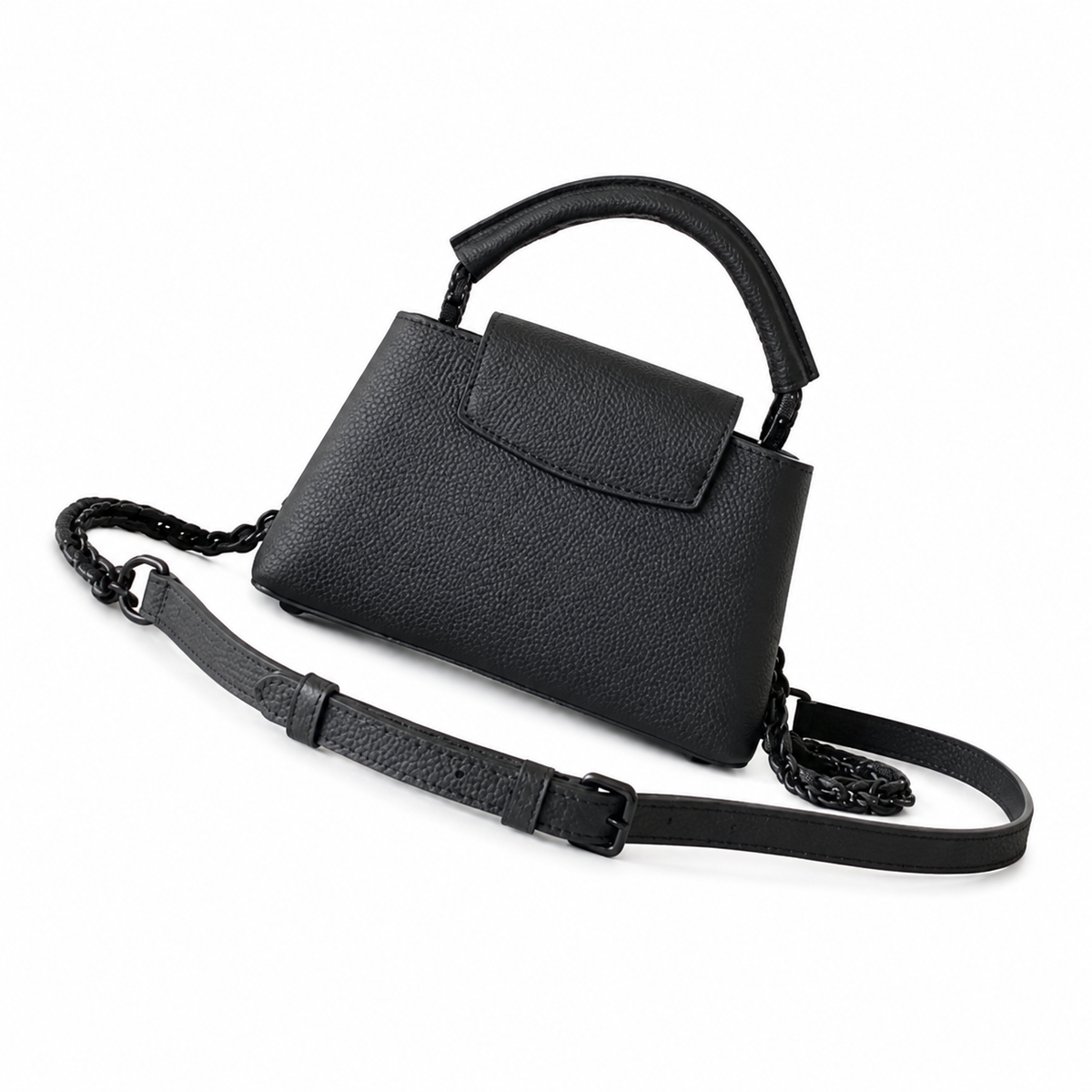 Louis Vuitton Capucines Mini — Noir Taurillon, Matte Black LV Turn-Lock & Black Chain Strap