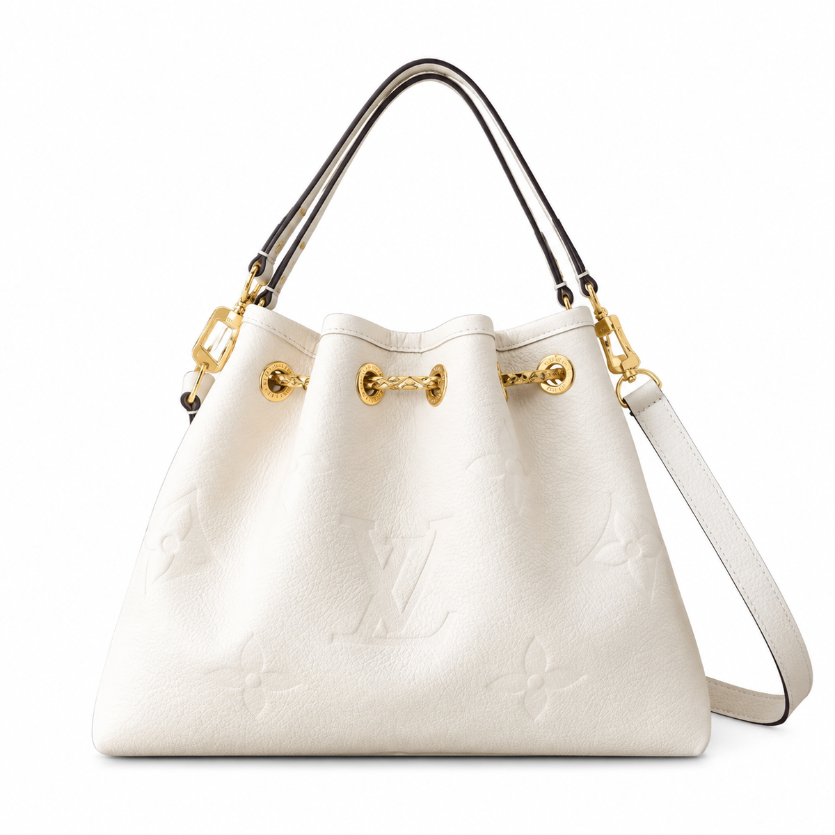 Louis Vuitton NéoNoé MM — Blanc Ivoire Empreinte, Braided Gold Drawstring & Black Handles