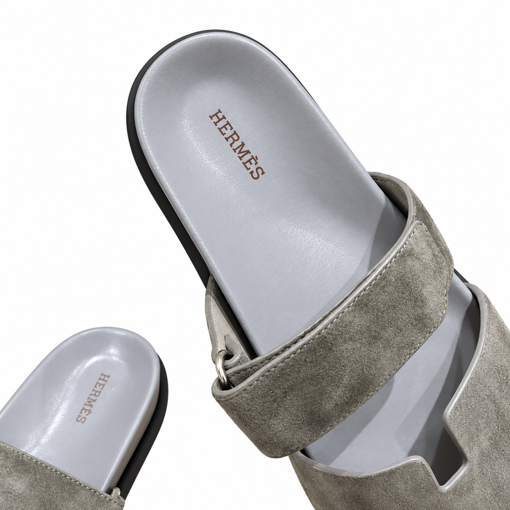 Hermès Grey Textured Leather H-Cutout Slides