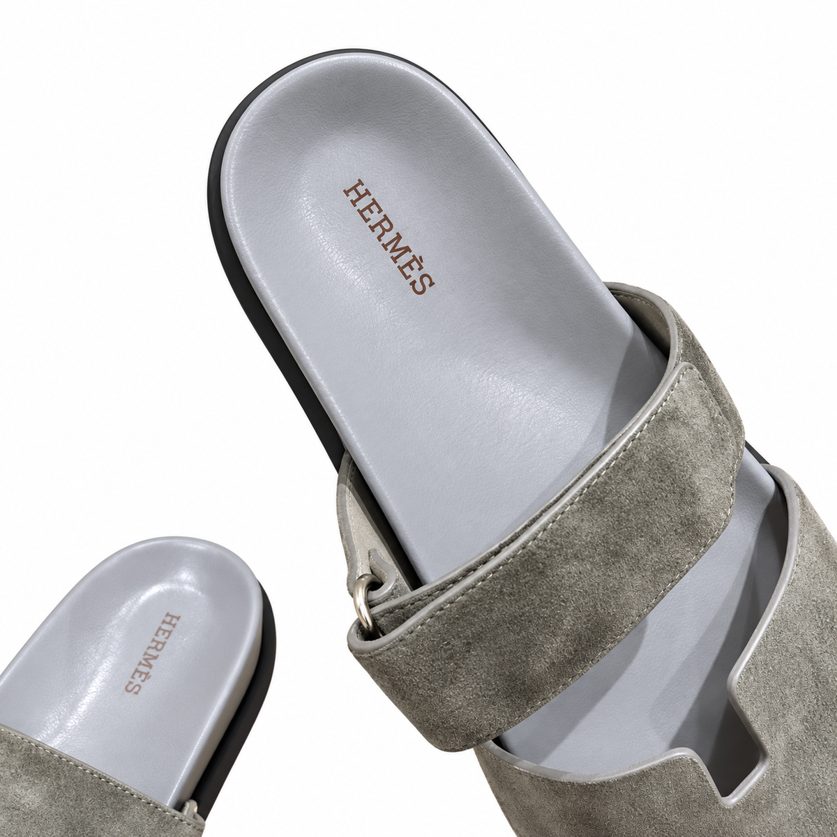 Hermès Grey Textured Leather H-Cutout Slides