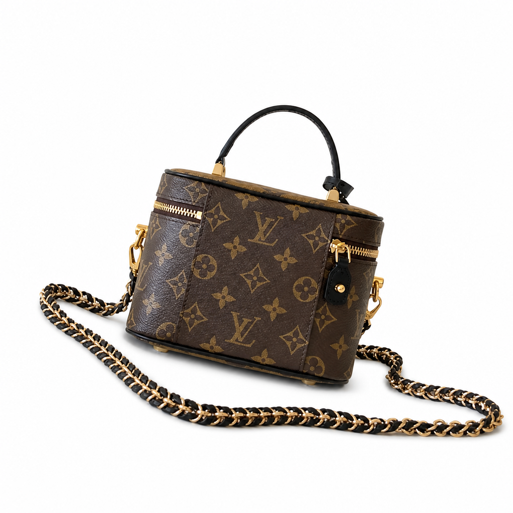 Louis Vuitton Cylinder Vanity — Monogram Canvas, Black Leather-Woven Chain & Gold Ring Clasp