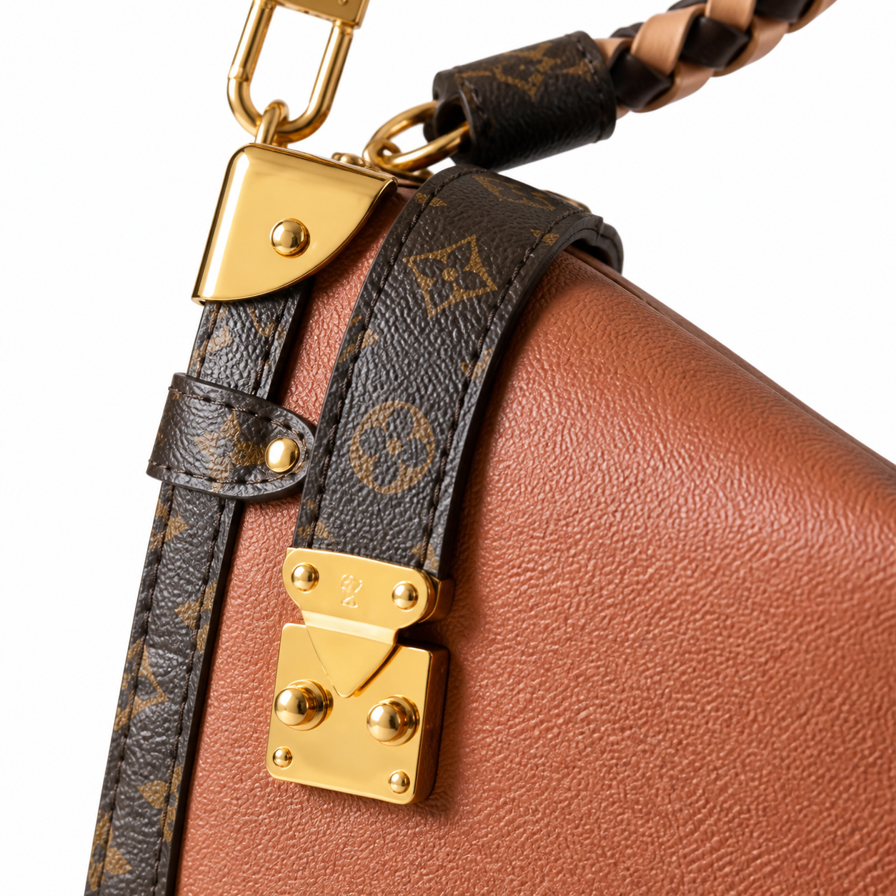 Louis Vuitton Side Trunk MM — Cognac Calfskin, Braided Top Handle, Monogram Canvas Trim & Dual Push-Lock
