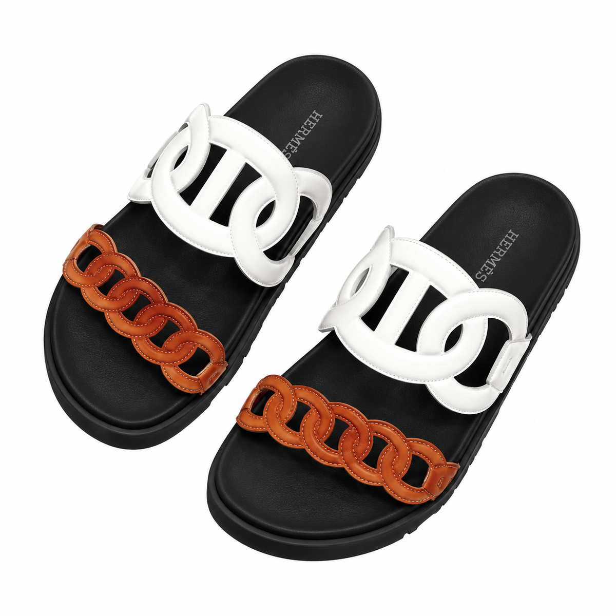 Hermès White & Tan Chain Detail Slide Sandals